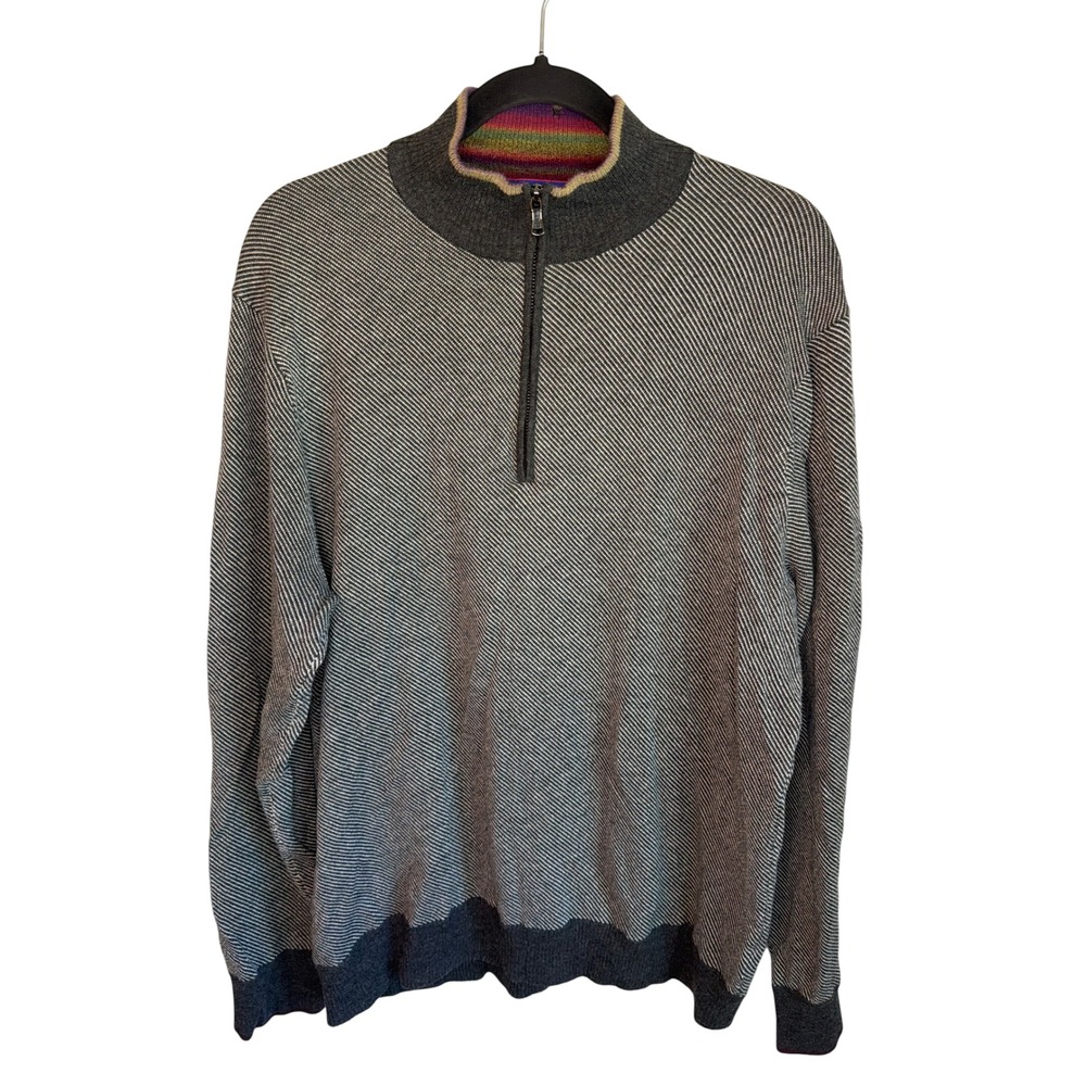 Robert Graham Mens Grey Striped Wool Blend Quarter Zip Sweater Large Classic Fit